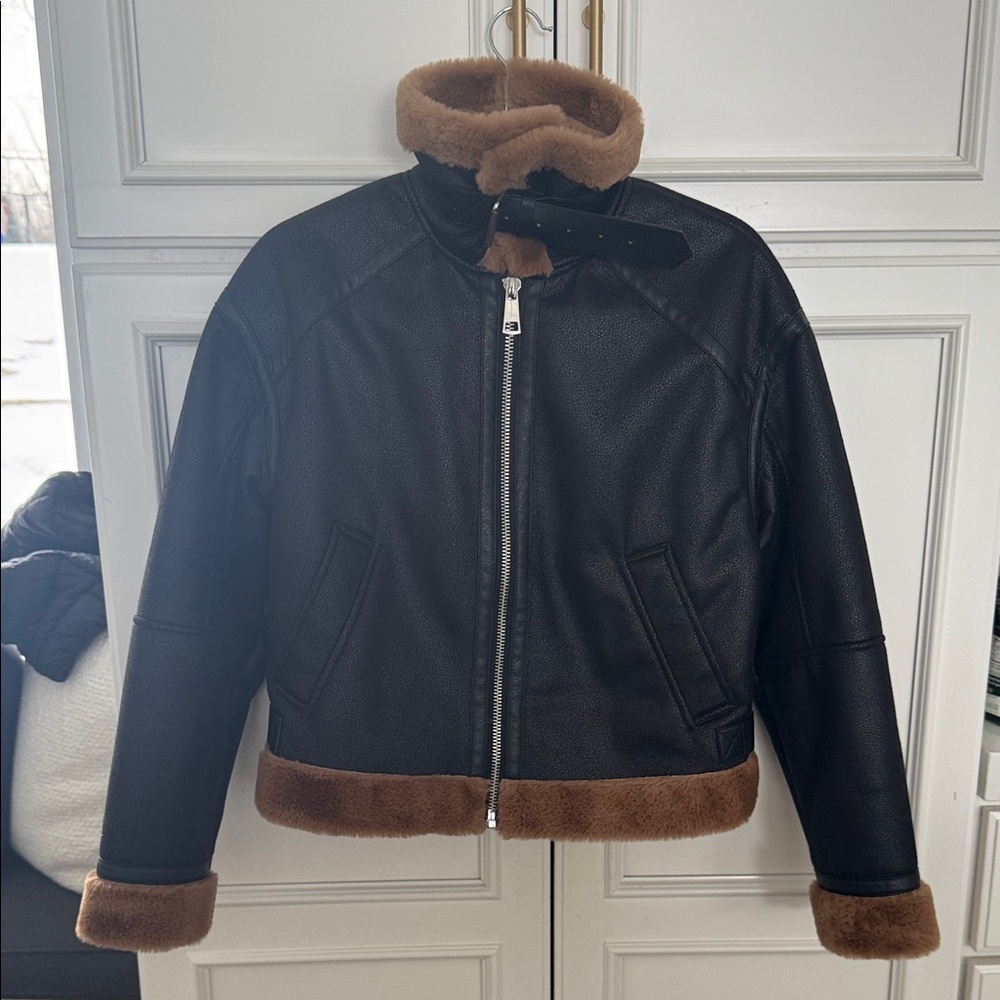 Zara Black Bomber Jacket with Brown Trim